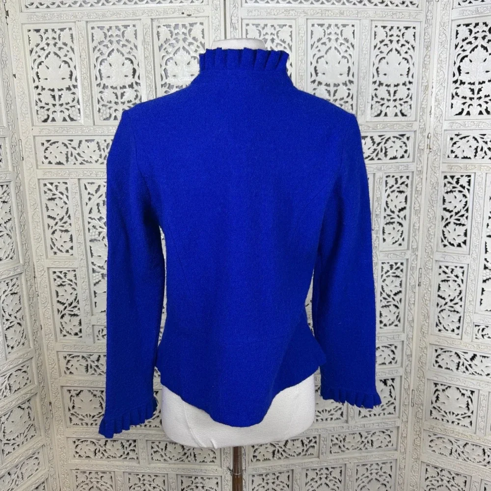 NEW For‎ Cynthia Blue Wool Blazer Cardigan Petite Medium Ruffle Preppy Career